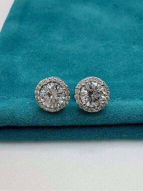 Moissanite Halo Stud Earrings 925 Sterling Silver|Screw Backs|Round Brilliant